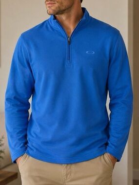 Oakley Men’s Large 1/2 Zip Soft Shell Pullover Jacket Mock Neck Black Blue